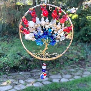 Handcrafted Red, White, and Blue Beaded Tree of Life Wire wrapped Suncatcher